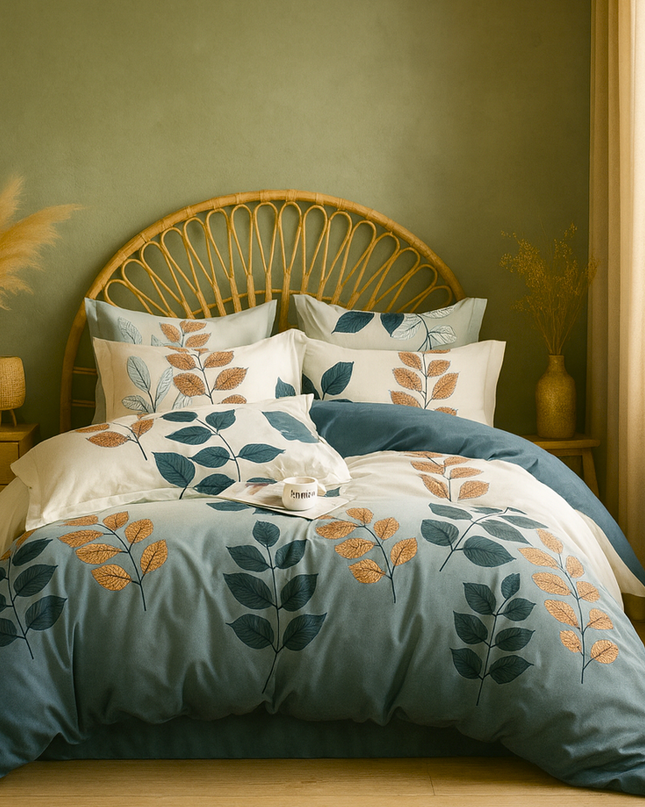 Feuillage Bohème – Housse de couette et deux taies en coton mercerisé, douceur et élégance naturelle