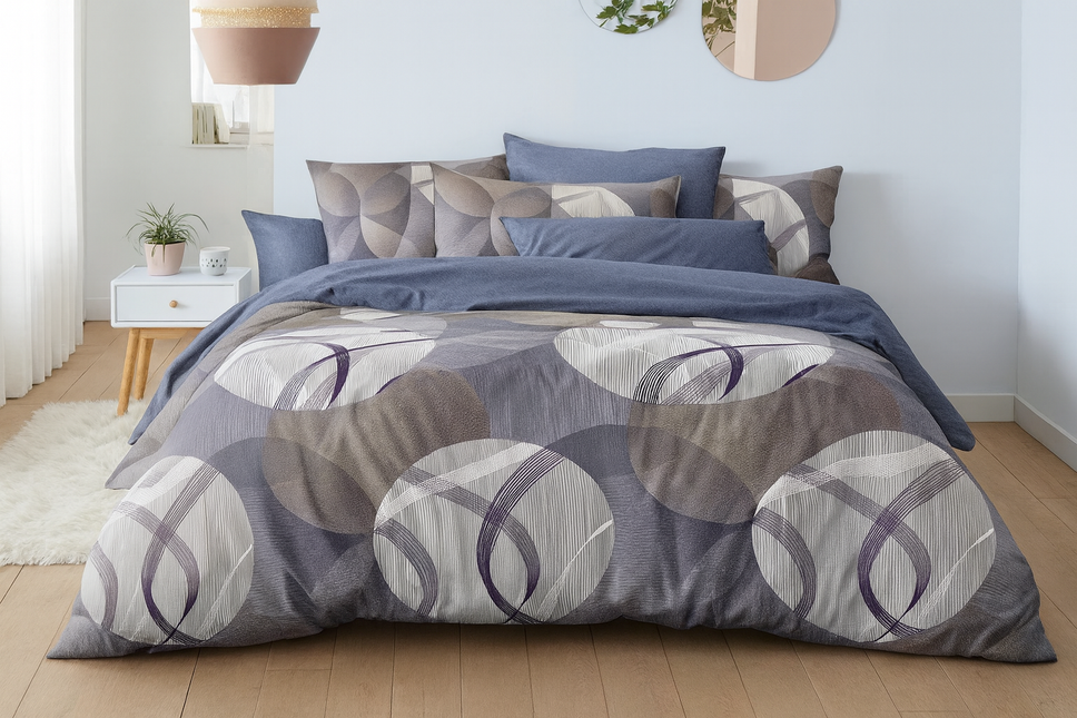Célestia Bleu – Housse de couette et deux taies en coton mercerisé, apaisante et élégante