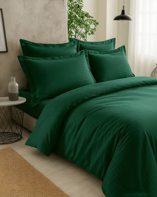 Parure de lit - vert emeraude - satin de coton à rayures soyeux et elégant-MaisonTextile