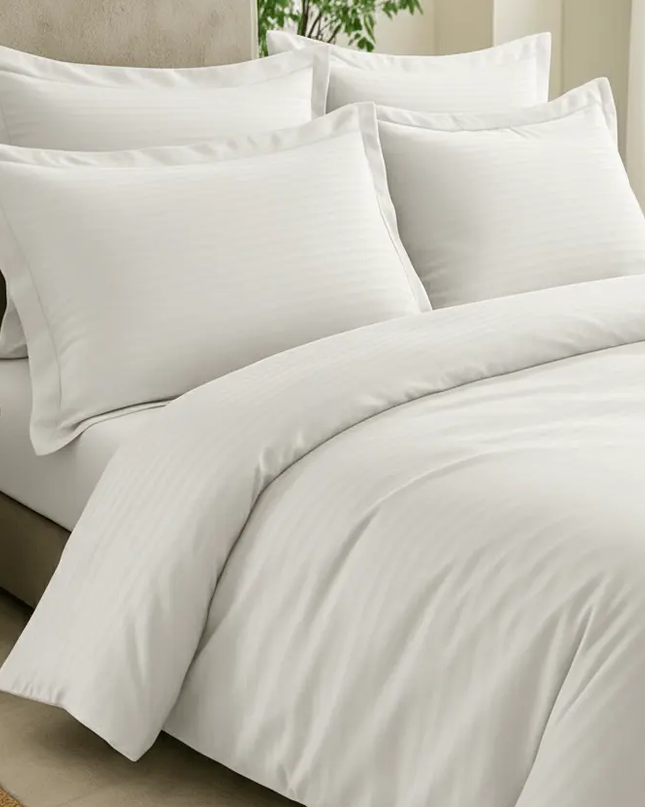 Parure de lit - blanc - satin de coton à rayures soyeux et elégant-MaisonTextile